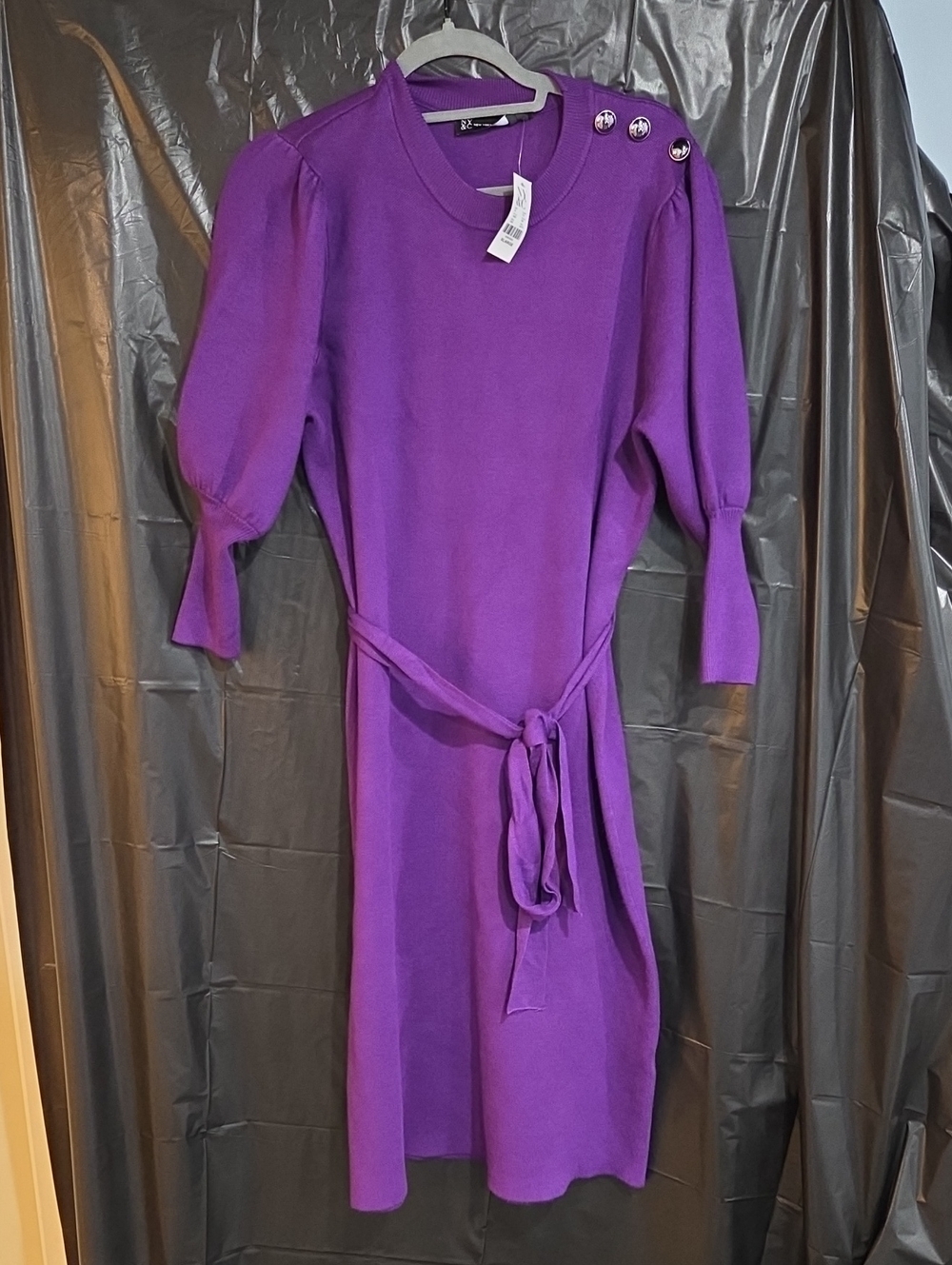 New York & Company Purple Puff-Sleeve Midi Dress with Tie Belt